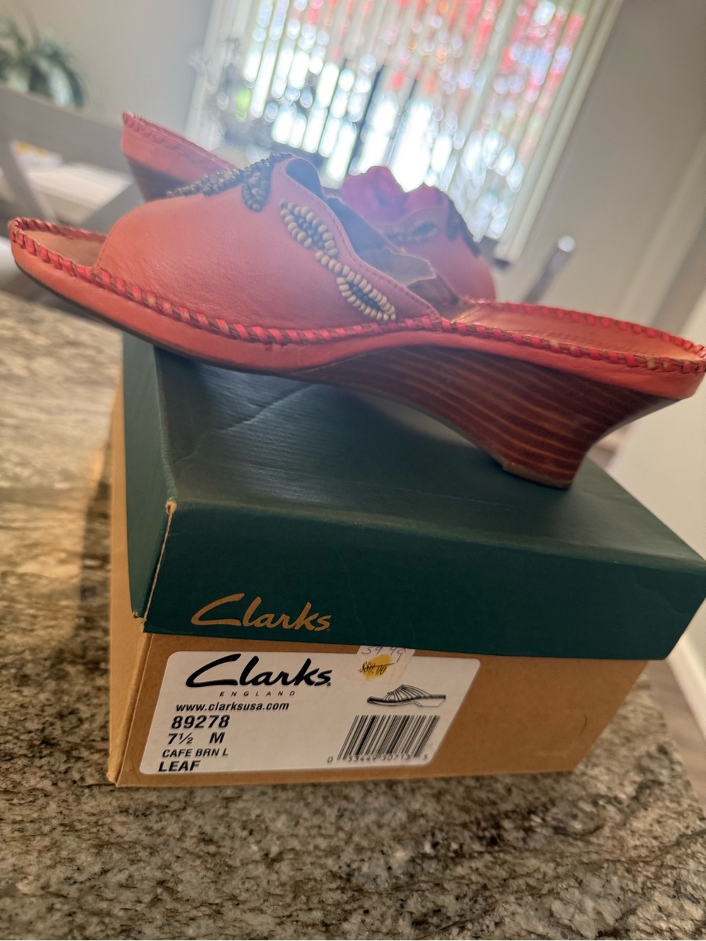 Clarks Coral Leather Slide Sandals with Bead Detail